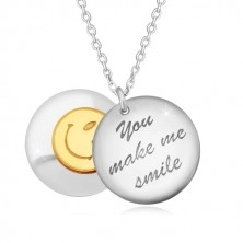 925 srebrna ogrlica - dva ispupčena kruga, natpis "You make me smile", smajlić