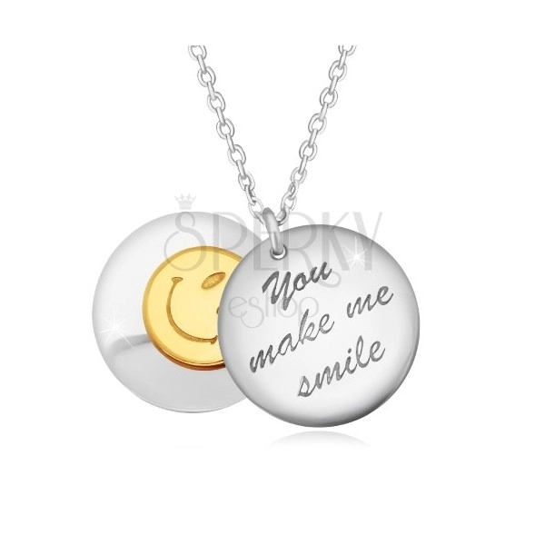 925 srebrna ogrlica - dva ispupčena kruga, natpis "You make me smile", smajlić