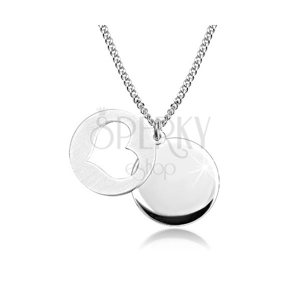 925 srebrna ogrlica - sjajni krug, mat krug sa usjekom u obliku srca