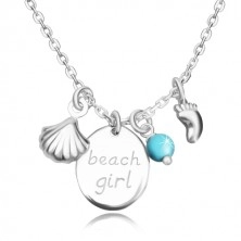 925 srebrna ogrlica - oval sa natpisom "beach girl", otisak stopala, morska školjka i loptica