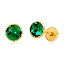 14K zlatne naušnice - smaragdno zeleni cirkon u posotlju, dugmad sa vijkom, 5 mm