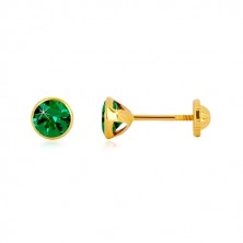 14K zlatne naušnice - smaragdno zeleni cirkon u posotlju, dugmad sa vijkom, 5 mm