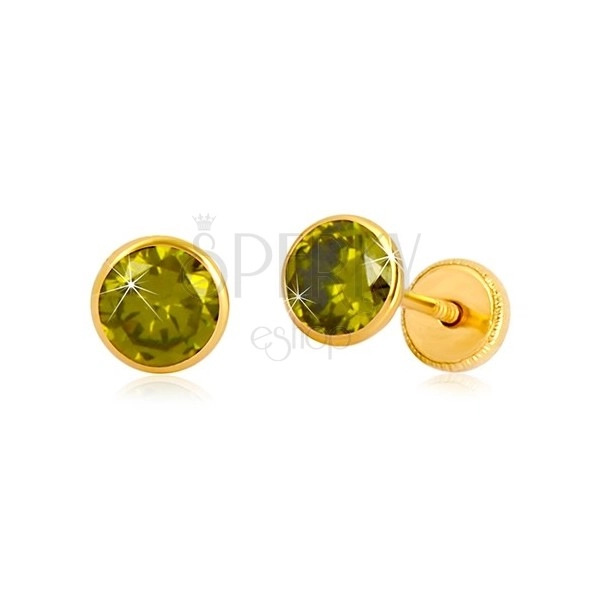 585 zlatne naušnice - okrugli cirkon zelene boje, dugmad sa vijkom, 5 mm
