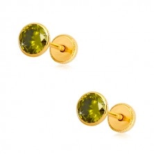 585 zlatne naušnice - okrugli cirkon zelene boje, dugmad sa vijkom, 5 mm