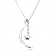 Dijamantna ogrlica, 925 srebro - sjajni polumjesec i zvijezda sa brilijantom