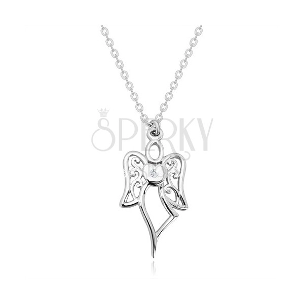 925 srebrna ogrlica - urezani anđeo, srce sa prozirnim dijamantom
