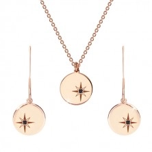 925 srebrni set ružičasto-zlatne boje - ogrlica i minđuše, krug s Polarisom, crni dijamant