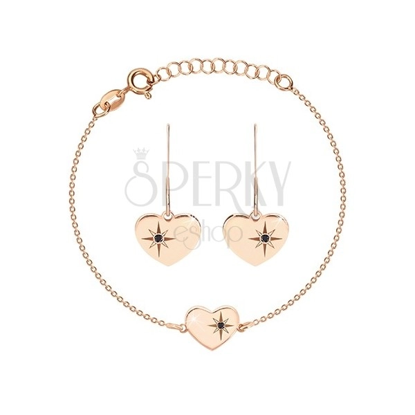 925 srebrni set, ružičasto-zlatna nijansa - narukvica i naušnice, srce s Polarisom i dijamantom