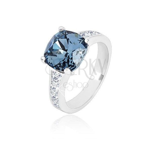 Srebrni prsten 925 - cirkon kvadrat tamno plave boje i prozirni cirkoni