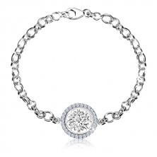 925 srebrna narukvica - krug s ukrasno urezanim cvijetom i cirkonima