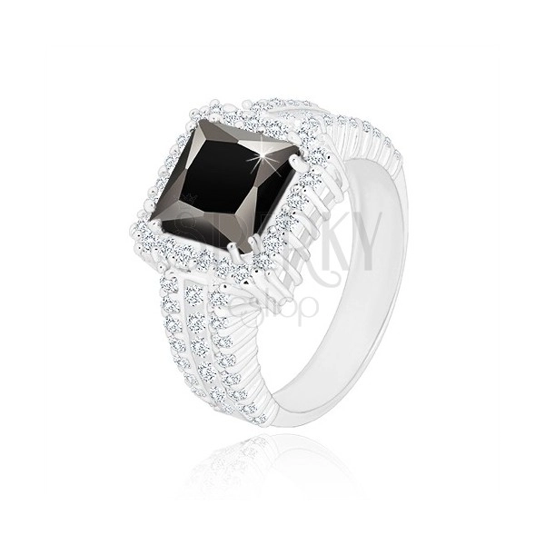 925 srebrni prsten - crni kvadratni cirkon, prozirni cirkonski rub i krakovi