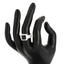 925 srebrni prsten - crni kvadratni cirkon, prozirni cirkonski rub i krakovi