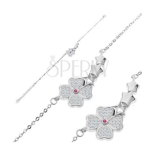 925 srebrna narukvica - svjetlucavi cvijet, tri zvjezdice, male ovalne karike