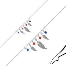 Nanogvica izrađena od srebra 925 - tri komada perja, četiri kuglice crvene i plave boje
