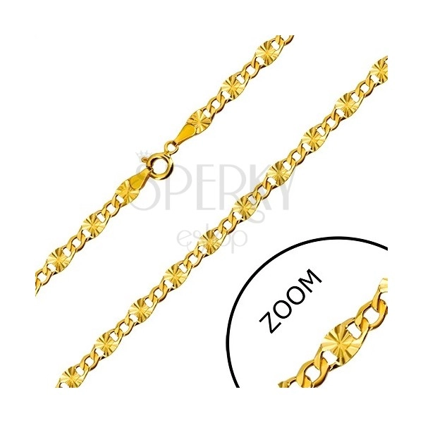 Lančić od 14K žutog zlata - ravni prstenovi, zvjezdasti usjeci, šesterokutne karike, 500 mm