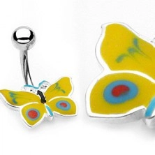 Piercing za pupak u obliku leptira - žuta i plava boja