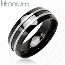 Prsten od titana crni - dvije uske srebrne pruge