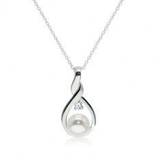 925 srebrna ogrlica - kontura uvijene suze s bijelim biserom i prozirnim cirkonom u sredini