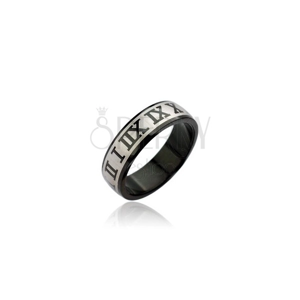 Prsten od kirurškog čelika - crna boja, rimski brojevi