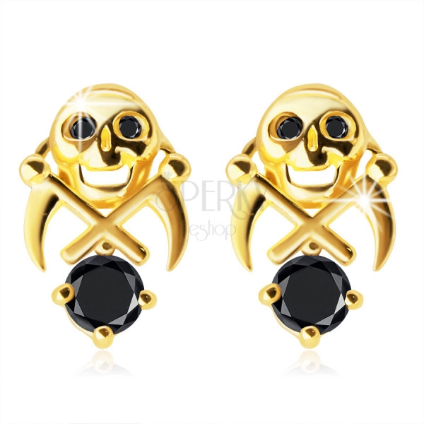 375 zlatne naušnice – lubanja s dva srpa, crni cirkoni