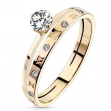 Prsten od čelika bakrene boje – prozirni cirkoni, rimski brojevi, 3 mm