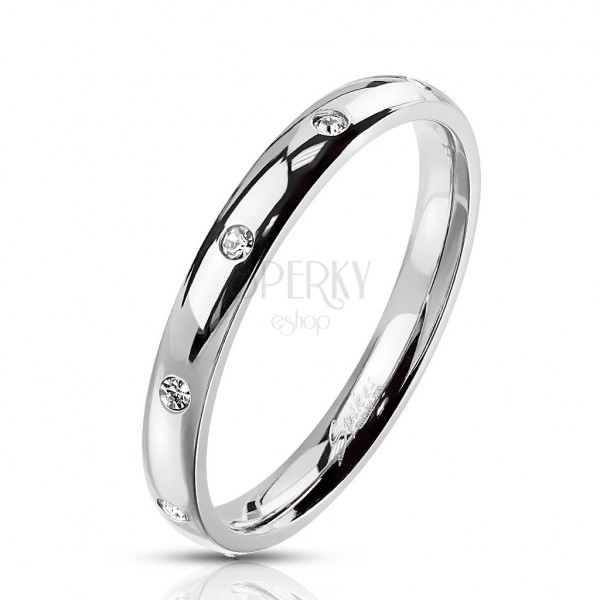 Čelični prsten srebrne boje – okrugli prozirni cirkon, 3 mm