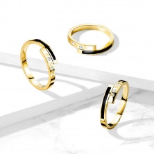 Čelični prsten zlatne boje – crna traka, dva prozirna cirkona, rimski brojevi, 2 mm