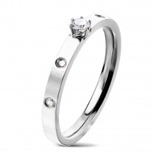 Čelični prsten srebrne boje – okrugli cirkon u postolju, prozirni cirkoni, 3 mm