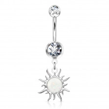 Čelični piercing za pupak srebrne boje - svjetlucav cirkon, sunce