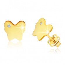 Naušnice od 14K žutog zlata – leptir zrcalno sjajne površine s malim prozirnim cirkonom