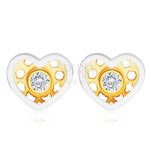 Naušnice od kombiniranog 14K zlata – simetrično srce, okrugli prozirni cirkon