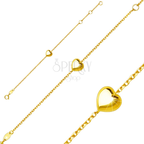 Dječja narukvica od 9K žutog zlata - sjajno glatko srce, kopča sa opružnim prstenom