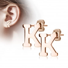 Čelične dugme naušnice u bakrenoj boji - slovo abecede "K"