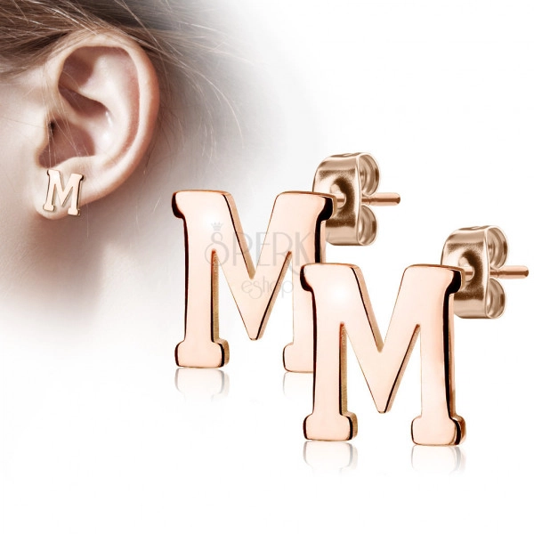 Čelične dugme naušnice u bakrenoj boji - slovo abecede "M"