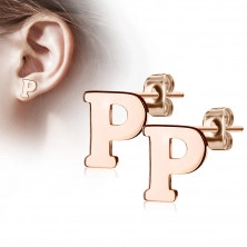 Čelične dugme naušnice u bakrenoj boji - slovo abecede "P"