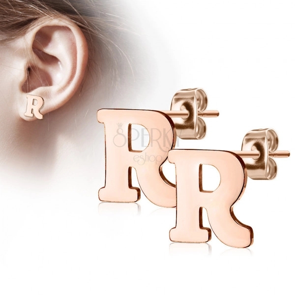 Čelične dugme naušnice u bakrenoj boji - slovo abecede "R"