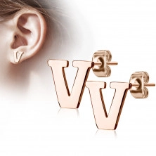 Čelične dugme naušnice u bakrenoj boji - slovo abecede "V"