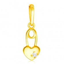 9K Dijamantni privjesak od žutog zlata - puno srce sa prozirnim briljantom, sigurnosna iglica