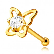 14K dijamantni piercing za nos od žutog zlata - silueta leptira s briljantom, 2,0 mm