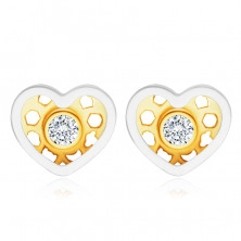Dijamantne 14K zlatne naušnice, kombinirano zlato - srce, okrugli prozirni briljanti