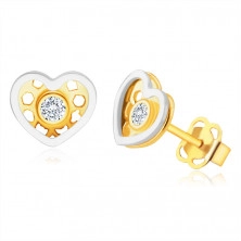 Dijamantne 14K zlatne naušnice, kombinirano zlato - srce, okrugli prozirni briljanti