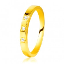 585 dijamantni prsten od žutog zlata - sjajni krakovi, tri blistava brilijanta