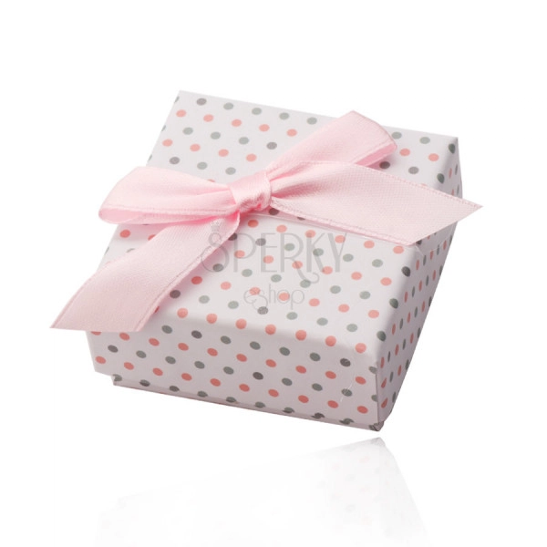 Bijela poklon kutija za prstenje ili naušnice, ružičaste i sive točkice, vrpca
