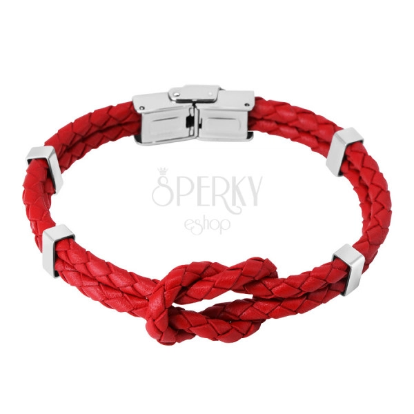 Crvena kožna narukvica - čvor od dvije žice, metalne stezaljke, pričvršćivanje kopčom za sat