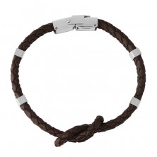 Tamno smeđa kožna narukvica - čvor od dvije žice, metalne stezaljke, pričvršćivanje kopčom za sat