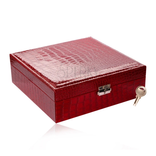 Pravokutna kutija za nakit u crvenoj boji - imitacija krokodilske kože, kopča, ključ