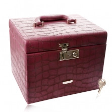 Kovčeg kutija za nakit u ljubičasto bordo boji, uzorak krokodilske kože, metalni detalji u srebrnoj nijansi