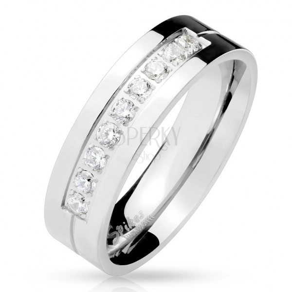 Čelični prsten u srebrnoj boji, devet prozirnih cirkona u urezu, sjajna površina, 6 mm
