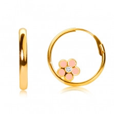 14K zlatne okrugle naušnice, ružičasti cvijet, sjajna površina, 12 mm