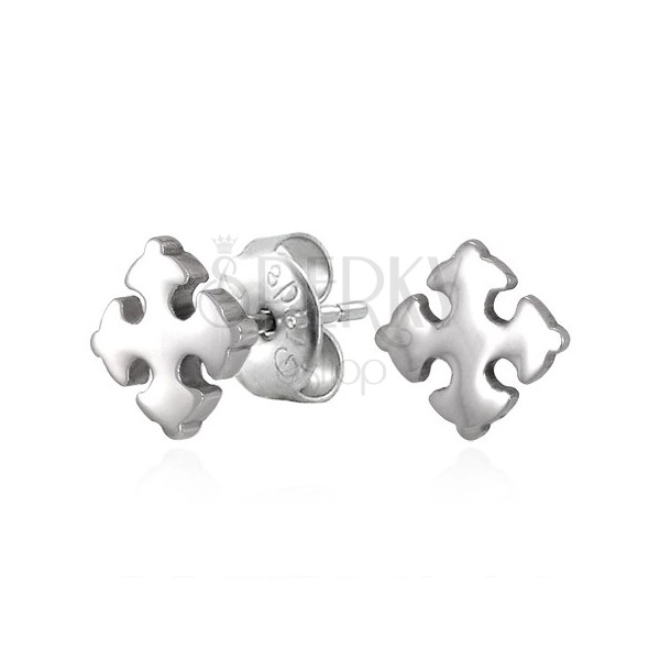 Čelične naušnice srebrne boje - sjajni ljubičasti križ s trolistom, dugmad